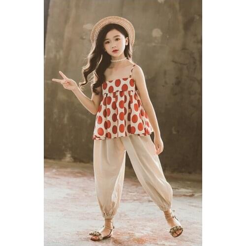 Girls baby fashion summer new childrens clothing sling wave suit suit mosquito trousers loose comfortable girls two-piece