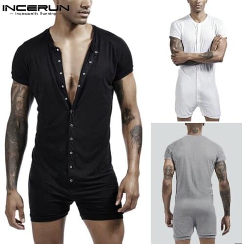 INCERUN Fashion Men Pajamas Playsuit Sleepwear Jumpsuit Breathable Button Short Sleeve Slim Solid 2021 Men Romper Homewear S-5XL
