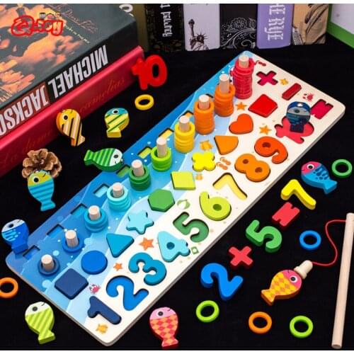 Montessori Educational Wooden Toys Children Busy Board Math Fishing Childrens Wooden Preschool Montessori Toy Counting Geometry