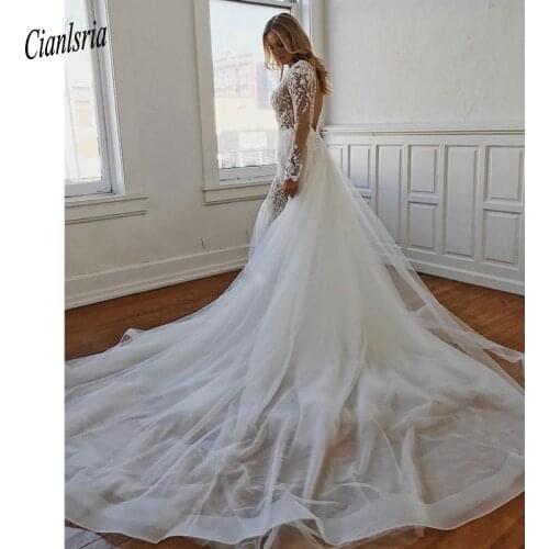 Charming Deep V-Neck Long Sleeve Illusion Mermaid Wedding Dress Detachable Train Backless Appliques Lace Bridal Wedding Dresses
