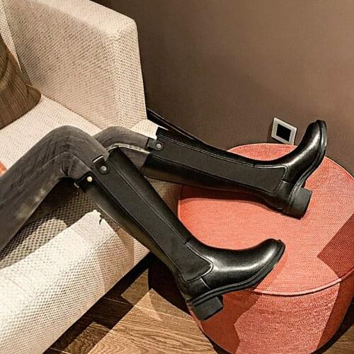 British Style Autumn and Winter Warm Boots, Microfiber Rubber Shoes, Womens Black Thick-soled Knee-high Fashion Elastic Boots