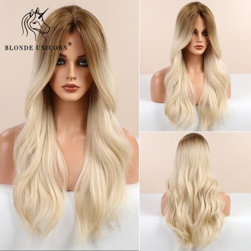 BLONDE UNICORN Long Wavy Hair Wig Brown Blonde Root Ombre White Daily Natural Synthetic Wig for Women Heat Resistant Fiber