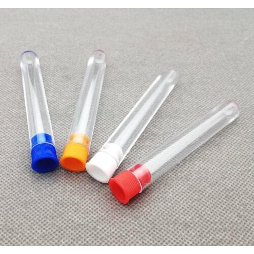 50pcs/lot 12x75mm Clear Plastic test tubes with plastic color stopper push cap Round bottom wedding gift vial