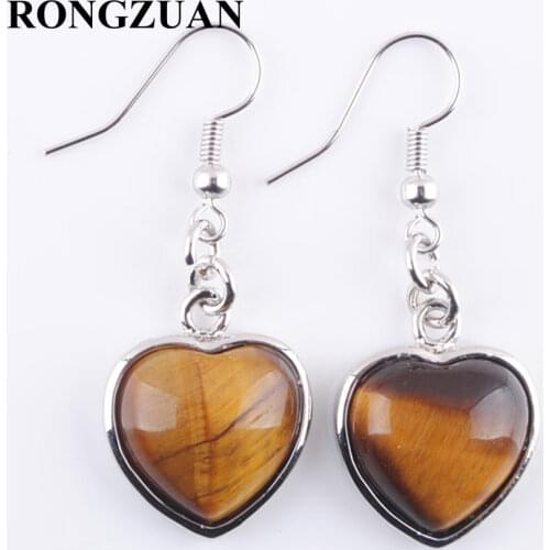 RONGZUAN Natural Tigers Eye Stone Women Drop Earrings Love Heart Bead Dangle Pendant Drop Earrings Jewelry for Women TR3184