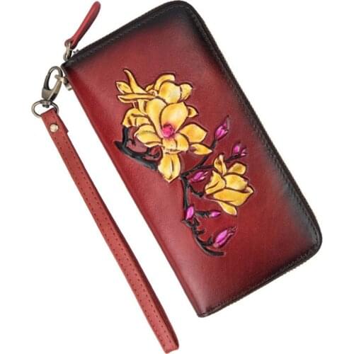 Vintage Women Wallet Female Genuine Leather Clutch Wallets Long Flower Phone Bag Coin Purse Lady Cowhide Leather Clutches Handy
