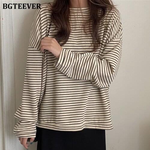 BGTEEVER Casual O-neck Loose Women Striped T-shirts Autumn New Long Sleeve Oversized Female Pullovers Tees Ladies Tops 2021