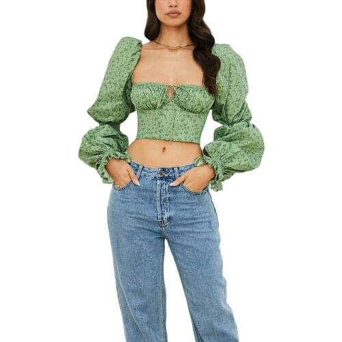 Women’s Casual Puff Sleeve T-shirt Fashion Floral Tie-up Square Collar Exposed Navel Tops 2021 New Fashion