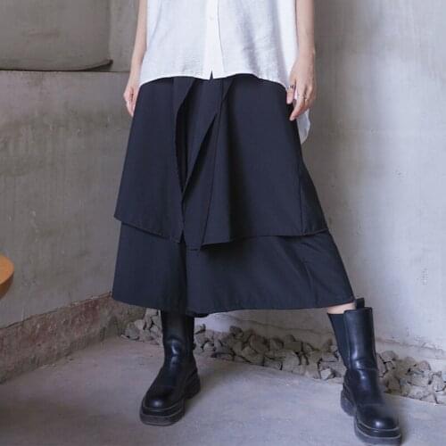 Womens new dark Yamamoto style Japanese double layer design loose drop sense wide leg large skirt