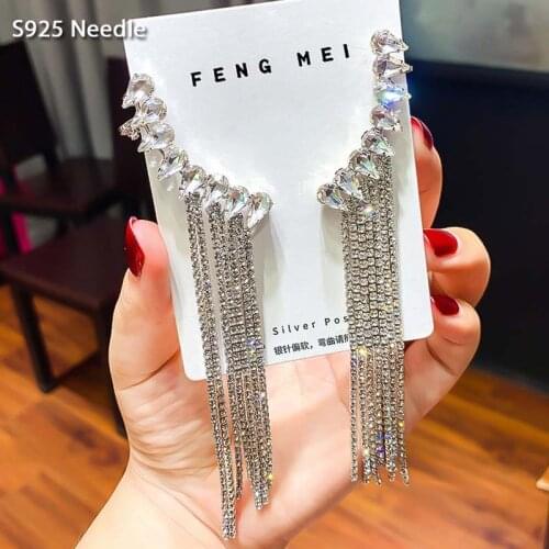 Real 925 Sterling Silver Needle Long Dangle Earrings for Women Jewelry Statement Rhinestone Female Tassel Drop Earrings