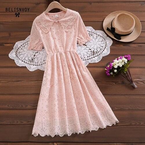 2020 Summer Chic Style Women Dress Peter Pan Colalr Apricot Pink Patchwork Lace Princess Vestidos Elegant Hollow Out Dresses