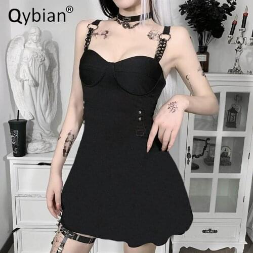 2021 New Hot Solid Gothic Punk Rock Casual Dress High Quality Workout Chain Bandage Dress Women Dress