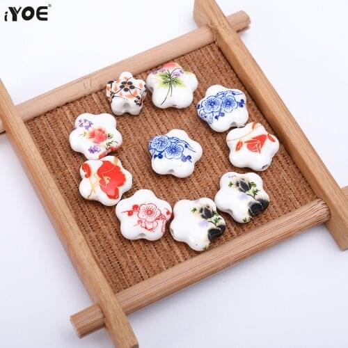10/30/50pcs Vintage Printing Flower Ceramic Beads Loose Spacer Beads for Jewelry Making Bracelet Handmade Craft Home Decor