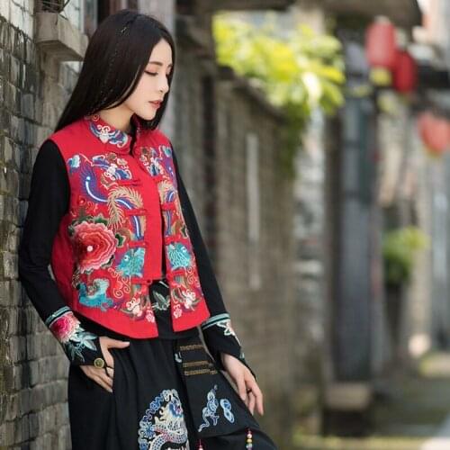 2021 Women Vintage Button Flower Embroidery Vest Jacket Ladies Retro National Style Patchwork Casual Cotton Waistcoat KK3647