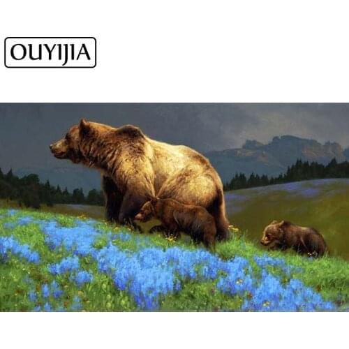 5D Diy Brown Bear And Blue Flower Diamond Painting Full Squar Cross Stitch Diamond Embroidery Mosaic Home Decor Needlework Gifts