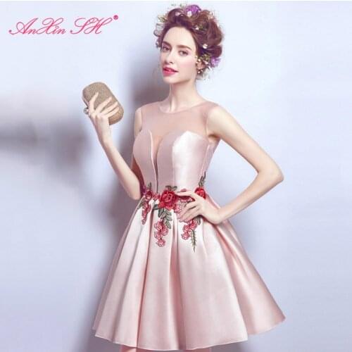 AnXin SH Pink rose embroidery evening dress sexy perspective short paragraph bride Princess blue lace flower evening dress