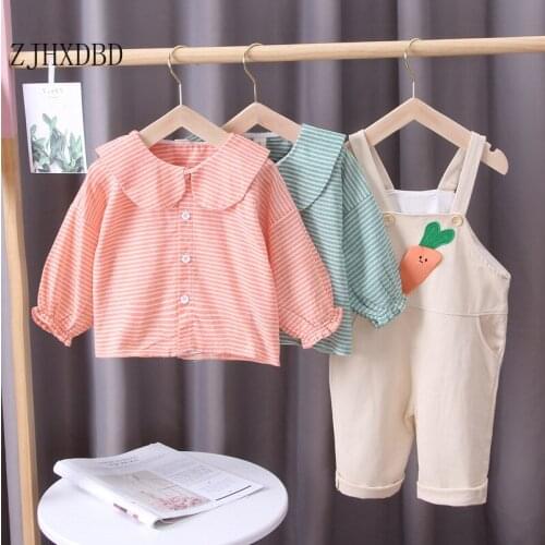 Girls Blouses Shirts Overalls Striped Carrot 2 Pieces Sets 2020 Autumn Turn-down Collar Children Top Pants Trousers Kids Clothes