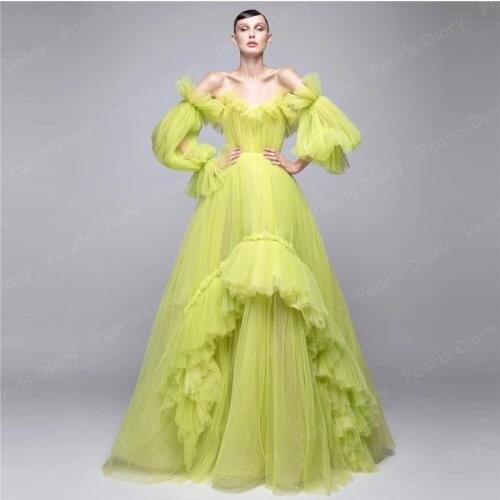 Elegant Yellow Evening Dress Muslim Arabic Long Prom Dresses 2021 Robes Ball Gown Stacked Ruffle Tiered Skirt Formal Party Gowns