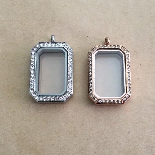 Crystal Rectangle Floating Glass Living Memory Locket Stainless Steel Magnetic Closure Locket Pendant DIY