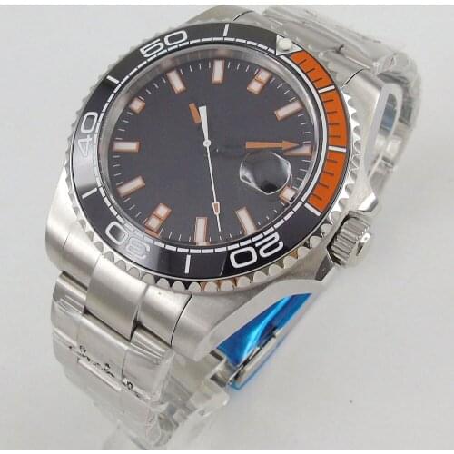 Military Style Mens Watch 43mm Stainless Steel Bracelet Ceramic Bezel Sapphire Crystal Auto Date
