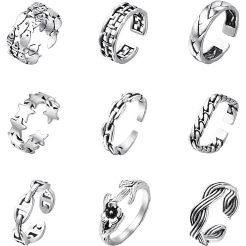 Cxwind Retro Mens Multi-Row Square Ring Hollow Square Cuban chain Fish Star Rings for Women Open Jewelry Wedding anillos