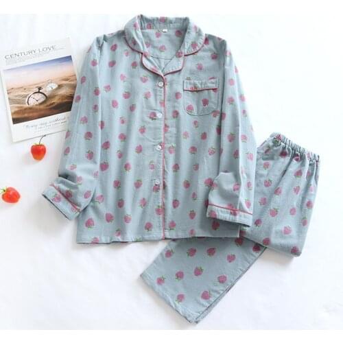 Autumn Women Pajamas Set Pure Cotton Grinding Wool Strawberry Long Sleeve Trousers Ladies Sleepwear Loose Comfy Winter Homewear