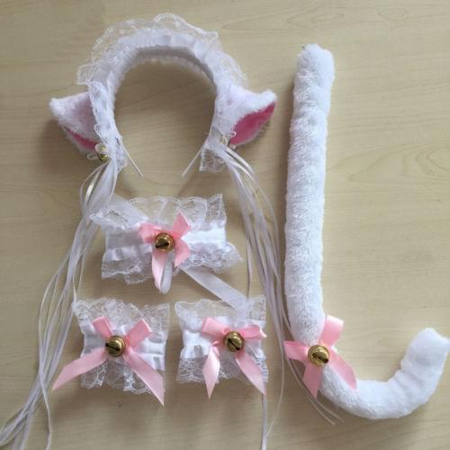 Sexy 4PCS/Set Women Cat Maid Cosplay Neko Costume Plush Lace Ears Headbands Tail Halloween Headwear
