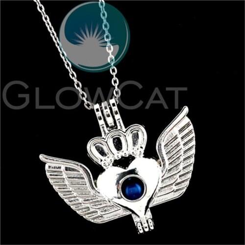R-K1015 Silver 36mm Heart Wings Crown Beads Cage Pendant Essential Oil Diffuser Aroma Pearl Cage Locket Necklace