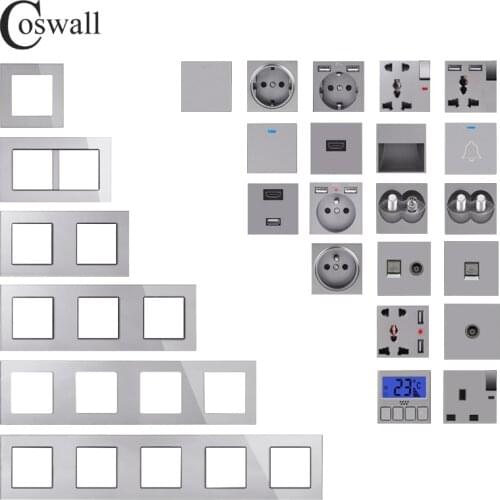 COSWALL C1 Series Grey Gray Glass Panel Wall Switch EU French Socket HDMI-compatible USB Charger Satellite TV RJ45 Modules DIY