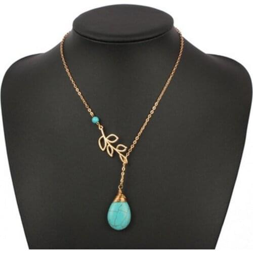 Light Yellow Gold Color Leaf Green Turquoises Stone Water Drop Pendant Link Chain Necklace Fashion Jewelry
