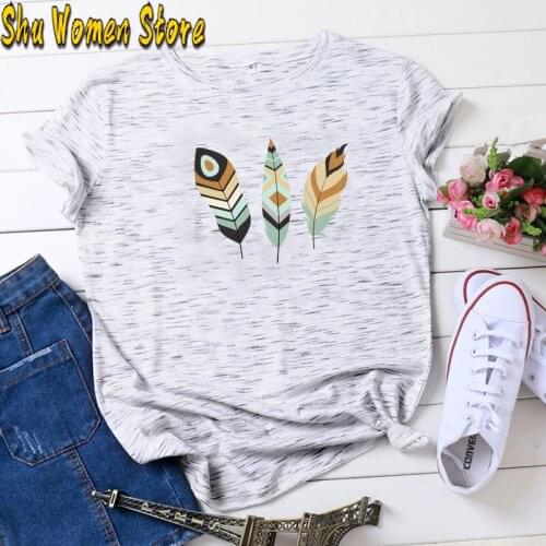 Funny Womens T-shirt Leaf Print Harajuku Short-Sleeved O-Neck Women Tshirt Lady Tops T Shirt Vogue Summer Feather T-shirt Print