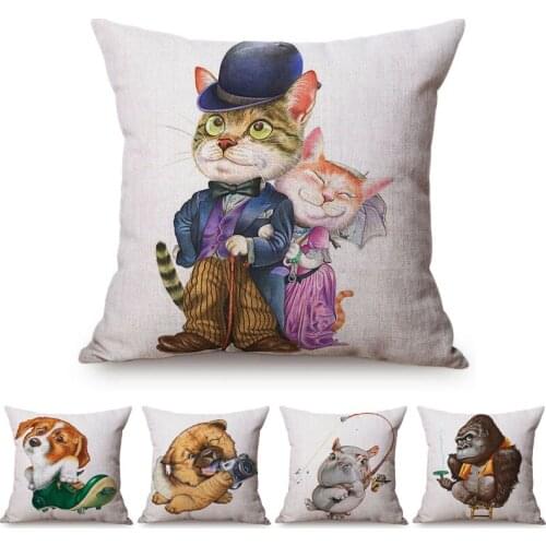 Funny Cute Cat Fishing Puppy Water Color Decorative Sofa Throw Pillow Cover Ape Gorilla Animals Linen Cotton Chair Cushion Cover