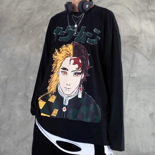 Harajuku Cartoon Anime Print T-shirt Women Vintage Loose Round Neck Long Sleeve Tops Plus Size T-shirt Fashion Man T-shirt
