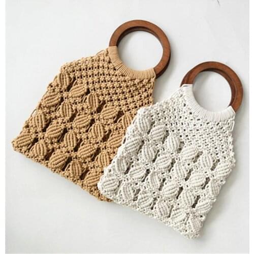 New 2020 Womens Round Wooden Handle Bag Summer Handbag Casual Beach Bag a6202