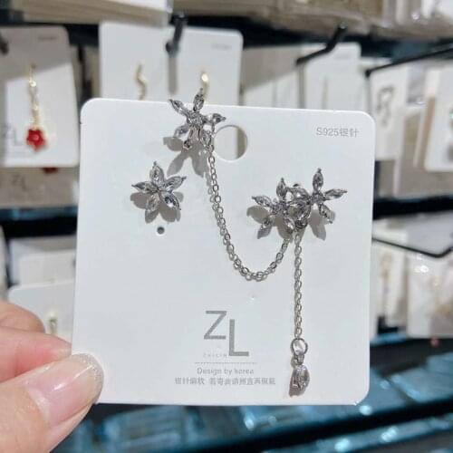 Snow Flower Rhinestone Asymmetric Drop Earrings for Women Ear Bone Clip Punk Chain Tassel Hanging Earrings Goth Jewelry