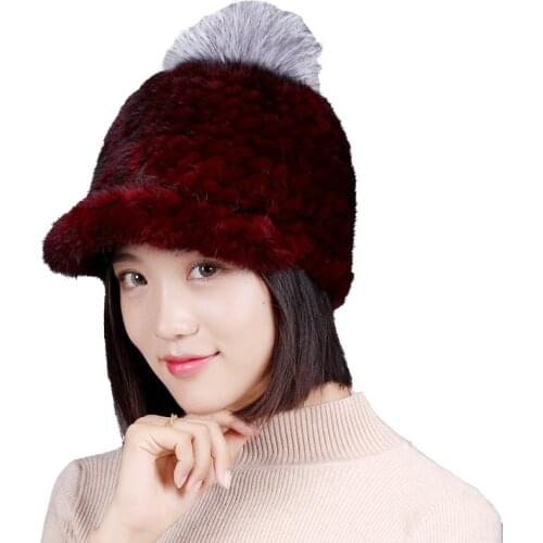 Women Genuine Real Mink Fur Winter Peaked Caps With Fox Fur Ball Hand-Woven Warm Hats With A Brim Black/Wine Red/Light Coffee