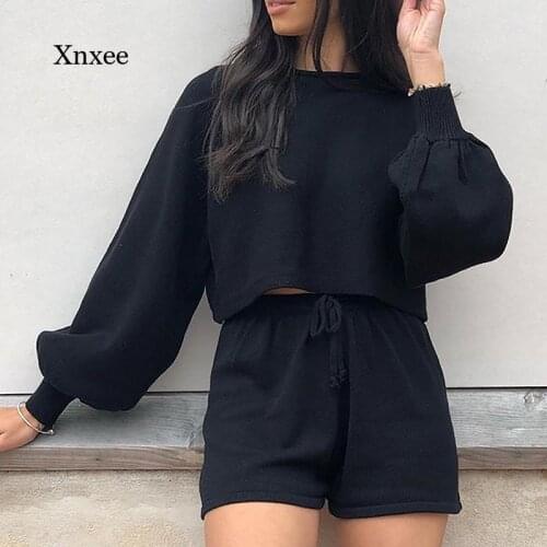 Spring and Autumn Womens 2-Piece Set Casual O-Neck Knitted Sweater Pullover + Drawstring Elastic Waist Shorts Solid Long Sleeve