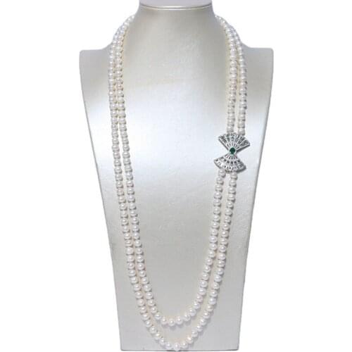 Natural Pearl 25"-28" 2 Strands White Similar Round freshwater Pearl bowknot connector Long necklace for women