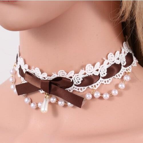 Harajuku Choker Necklace Women Girl Loli Ruffle Lace Imitation Pearls Bowknot Decor Choker Collar Cosplay Ribbon Chain Necklace