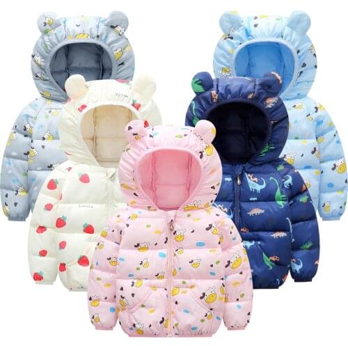 Toddler Baby Girls Boys Winter Coat Cute Cartoon Cow Strawberry Dinosaur Windproof Coat Hooded Warm Casual Outerwear Jacket