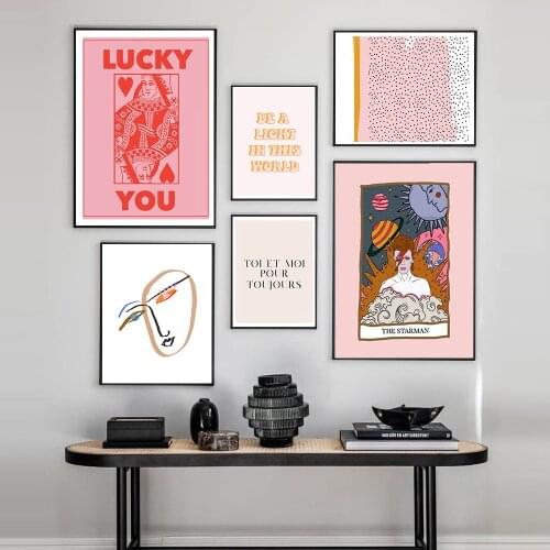 Nordic Abstract Poster Line Face Canvas Painting Wall Art Pink Style Letter Lucky You Pictures For Living Room Modern Decorative