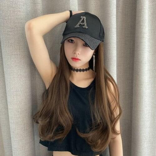 Letter Baseball Cap with Hair Attached For Women,Curly Wavy Long Hairpiece Baseball Hat Adjustable Wig Extensions