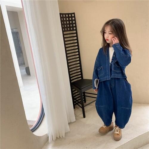 Jean Girls Suit Coat +Pants 2Pcs/Sets 2021 Spring Autumn Toddler Kids Teenagers Cotton Tracksuit Sport Suits Children Clothing