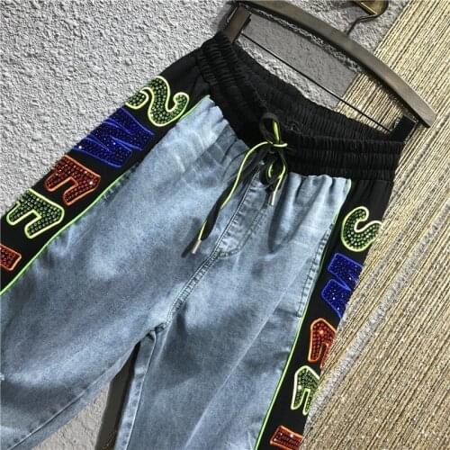 Fashion Diamonds Jeans Women Summer Elastic Waist Loose Ankle Length Pants Outdoor Hip Hop Denim Patchwork Harem Pants Female