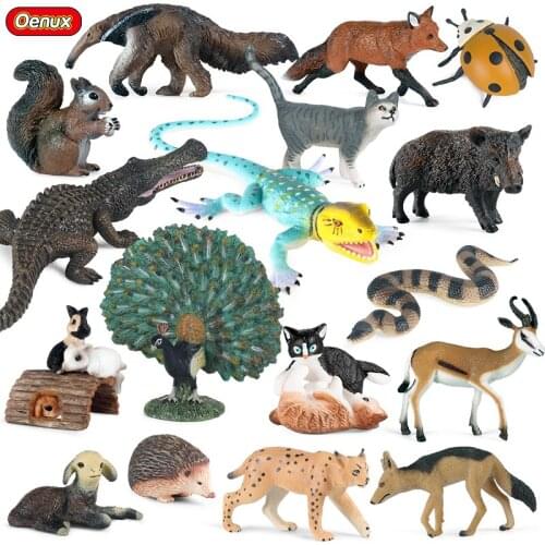 Oenux Wild Animal Model Toys Snail Peacock Snake Squirrel Ladybug Action Figure Farm Cat Rabbit Figurines Kids Toy