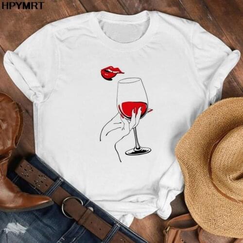 Sexy lips wine glass Print T-shirt Women Harajuku Aesthetic White Tops Casual Tshirt 2021 Summer Korea Style Kpop Female T Shirt