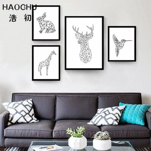 HAOCHU Nordic Minimalist Black White Geometric Animals Abstract Lines Deer Bird Canvas Painting Wall Picture Posters for Home
