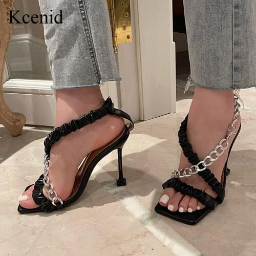 Kcenid New Trendy Metal Chain Women Sandals Fashion Pleated High Heels Gladiator Sandals Summer Party Club Shoes Pumps Black 42