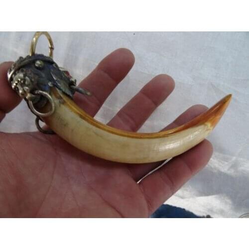 Chinese Antique ward off bad luck Tibetan silver Beast head inlay tooth talisman big Pendant