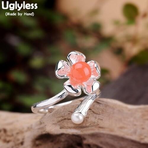 Uglyless Romantic Little Flower Rings for Women Agate Open Rings Natural Agate Pearl Gemstone Fine Jewelry Solid 925 Silver R823