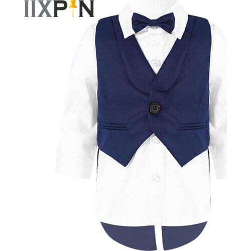 Infant Baby Boys Prince Gentleman Suits Single Button Breasted Tuxedo Vests Toddlers Long Sleeve White Bowtie Shirt Boy Sets